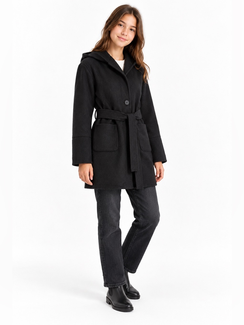Zara Girls Black Hooded Belted Wool Blend Coat minimalist Size 13–14